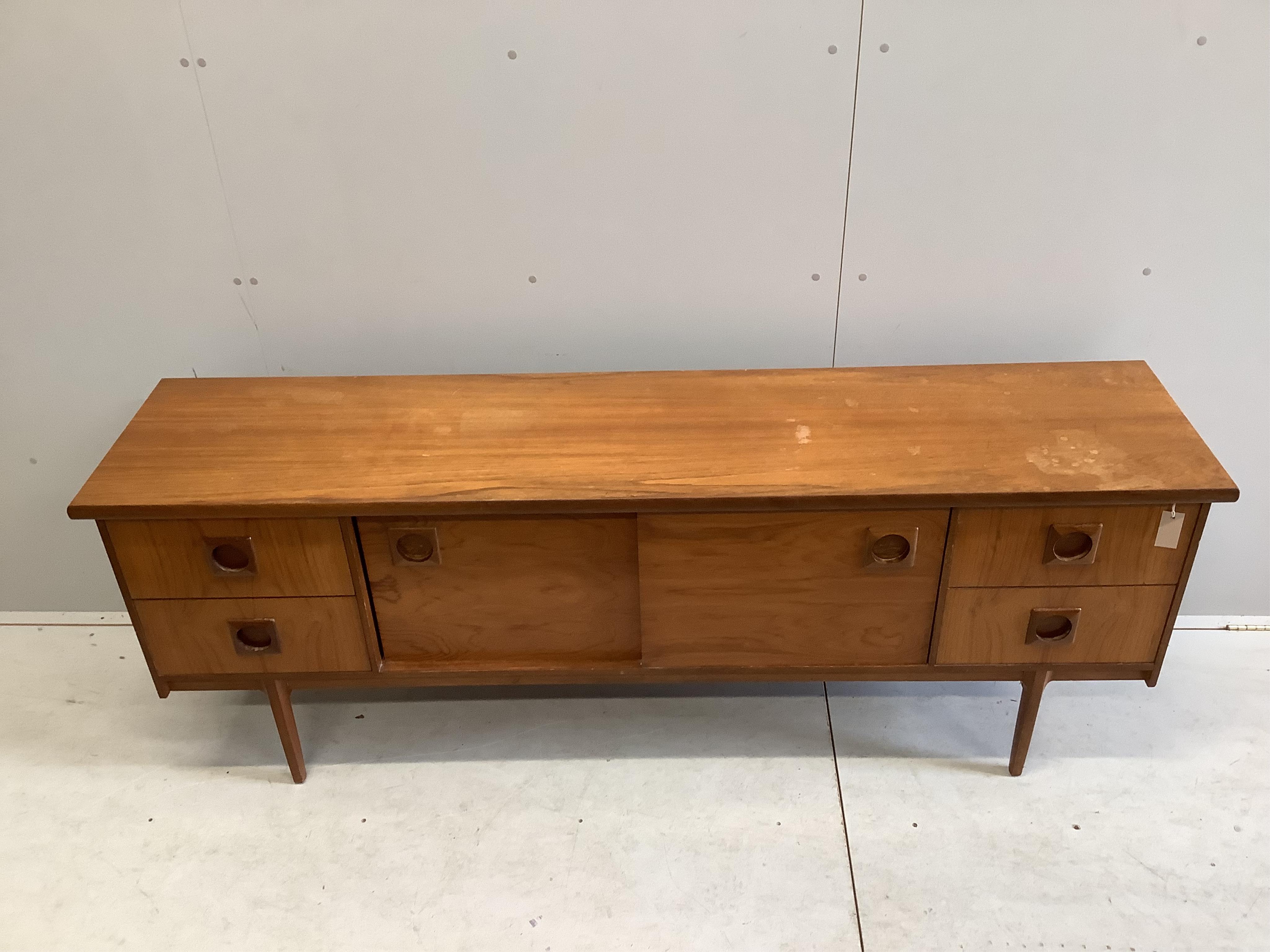 A mid century Bath Cabinet Makers teak sideboard, width 198cm, depth 45cm, height 73cm. Condition - fair